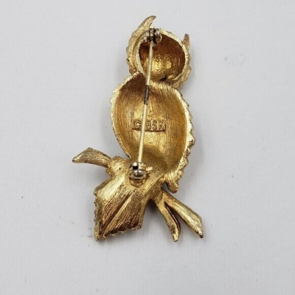 Vintage BSK Owl Brooch on Branch Gold Tone Red Glass Eyes - Picture 7 of 11